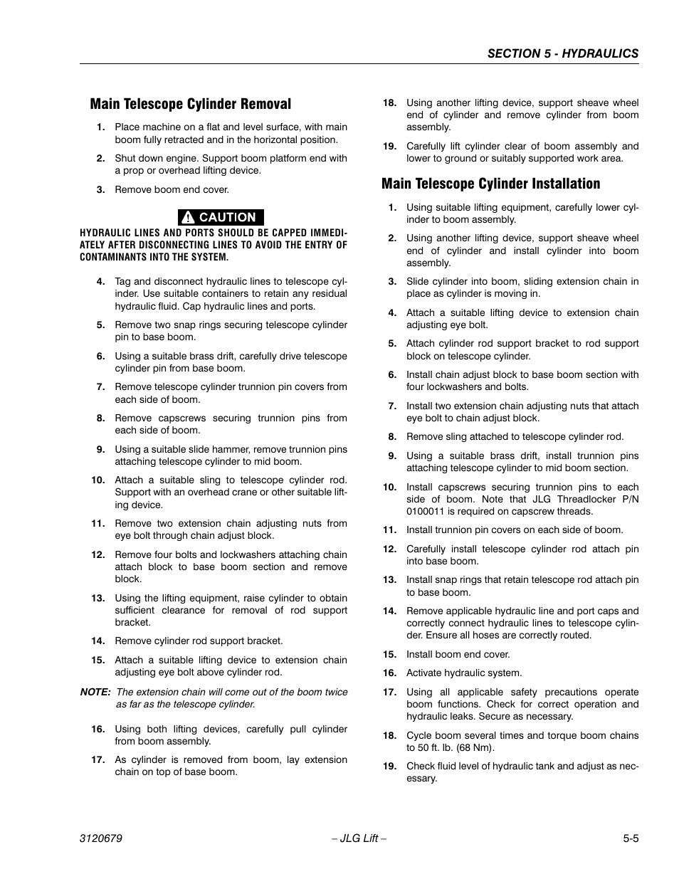 Main telescope cylinder removal, Main telescope cylinder installation | JLG 150HAX ANSI Service Manual User Manual | Page 101 / 160
