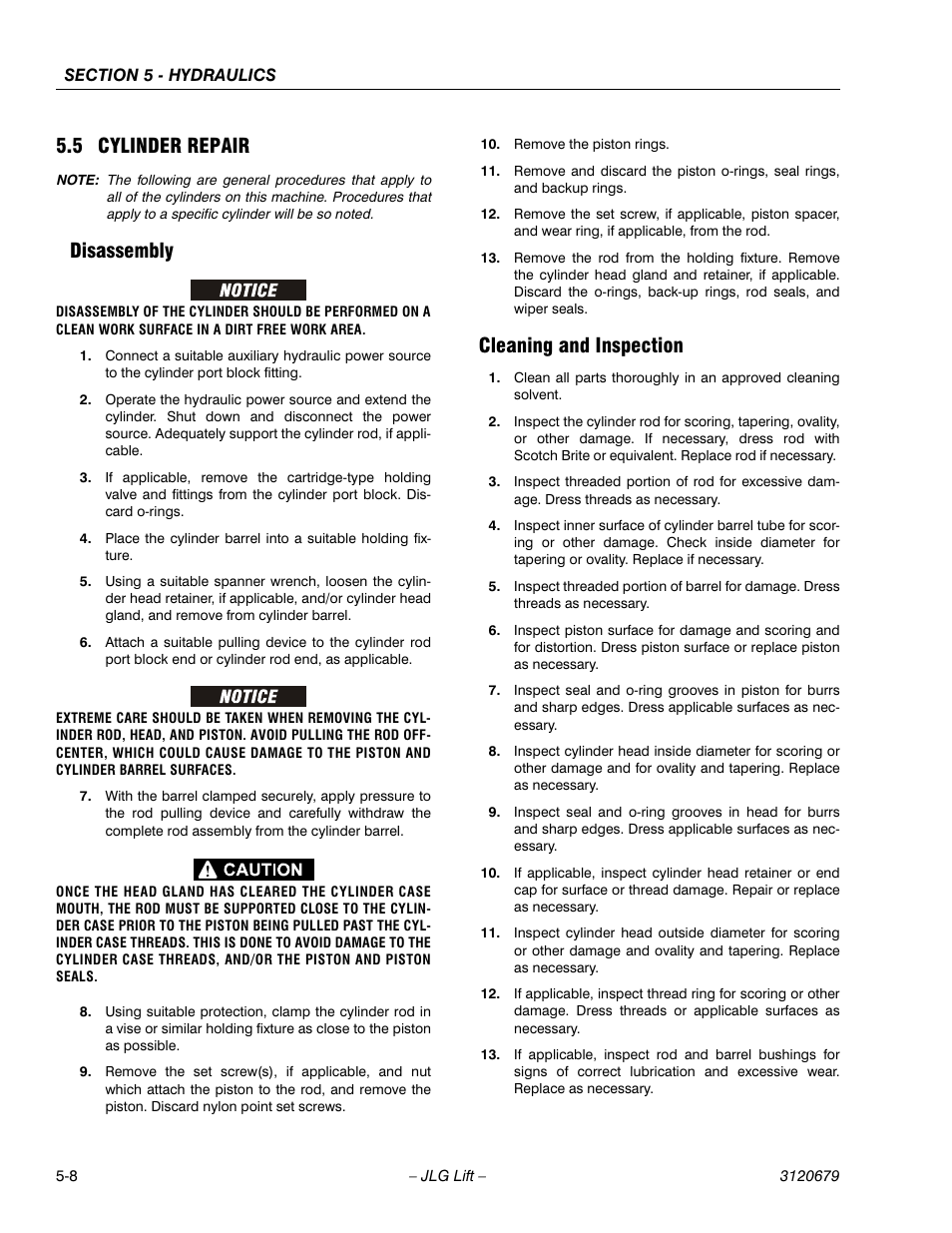 5 cylinder repair, Disassembly, Cleaning and inspection | Cylinder repair -8, Disassembly -8 cleaning and inspection -8 | JLG 150HAX ANSI Service Manual User Manual | Page 104 / 160