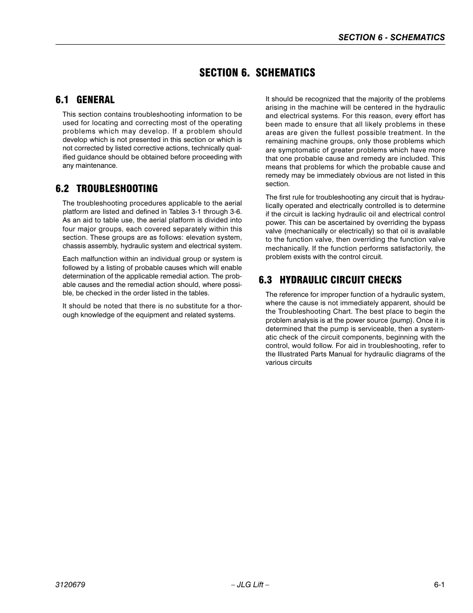 Section 6. schematics, 1 general, 2 troubleshooting | 3 hydraulic circuit checks, Section 6 - schematics, General -1, Troubleshooting -1, Hydraulic circuit checks -1 | JLG 150HAX ANSI Service Manual User Manual | Page 129 / 160