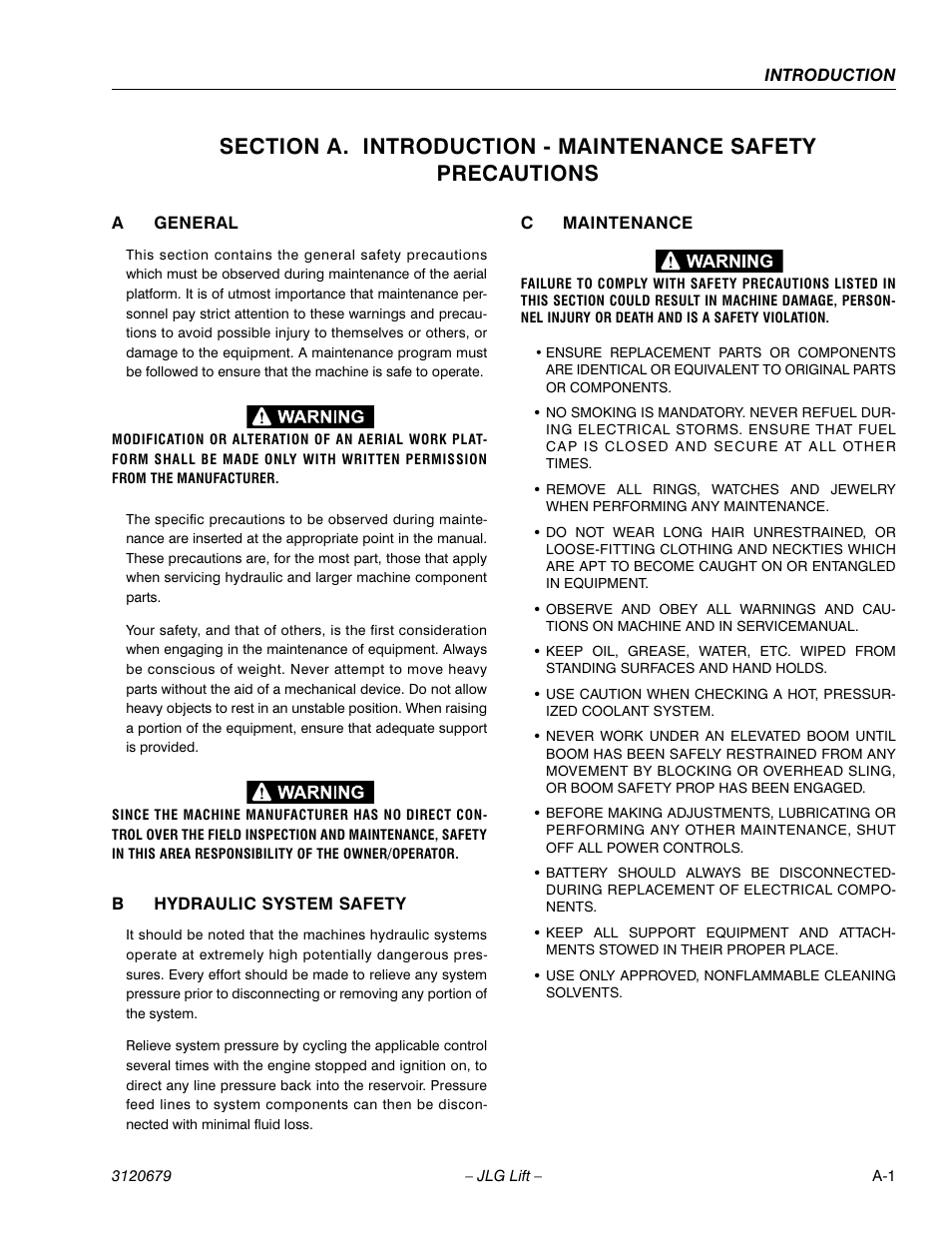 A general, B hydraulic system safety, C maintenance | JLG 150HAX ANSI Service Manual User Manual | Page 3 / 160