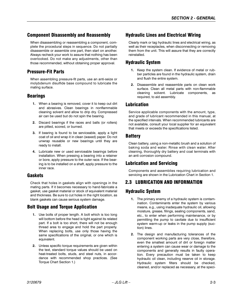 Component disassembly and reassembly, Pressure-fit parts, Bearings | Gaskets, Bolt usage and torque application, Hydraulic lines and electrical wiring, Hydraulic system, Lubrication, Battery, Lubrication and servicing | JLG 150HAX ANSI Service Manual User Manual | Page 31 / 160