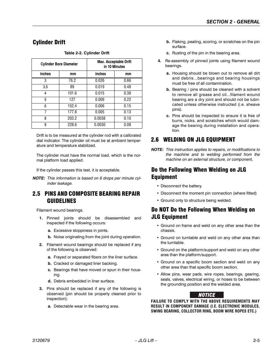 Cylinder drift, 5 pins and composite bearing repair guidelines, 6 welding on jlg equipment | Do the following when welding on jlg equipment, Cylinder drift -5, Pins and composite bearing repair guidelines -5, Welding on jlg equipment -5 | JLG 150HAX ANSI Service Manual User Manual | Page 33 / 160