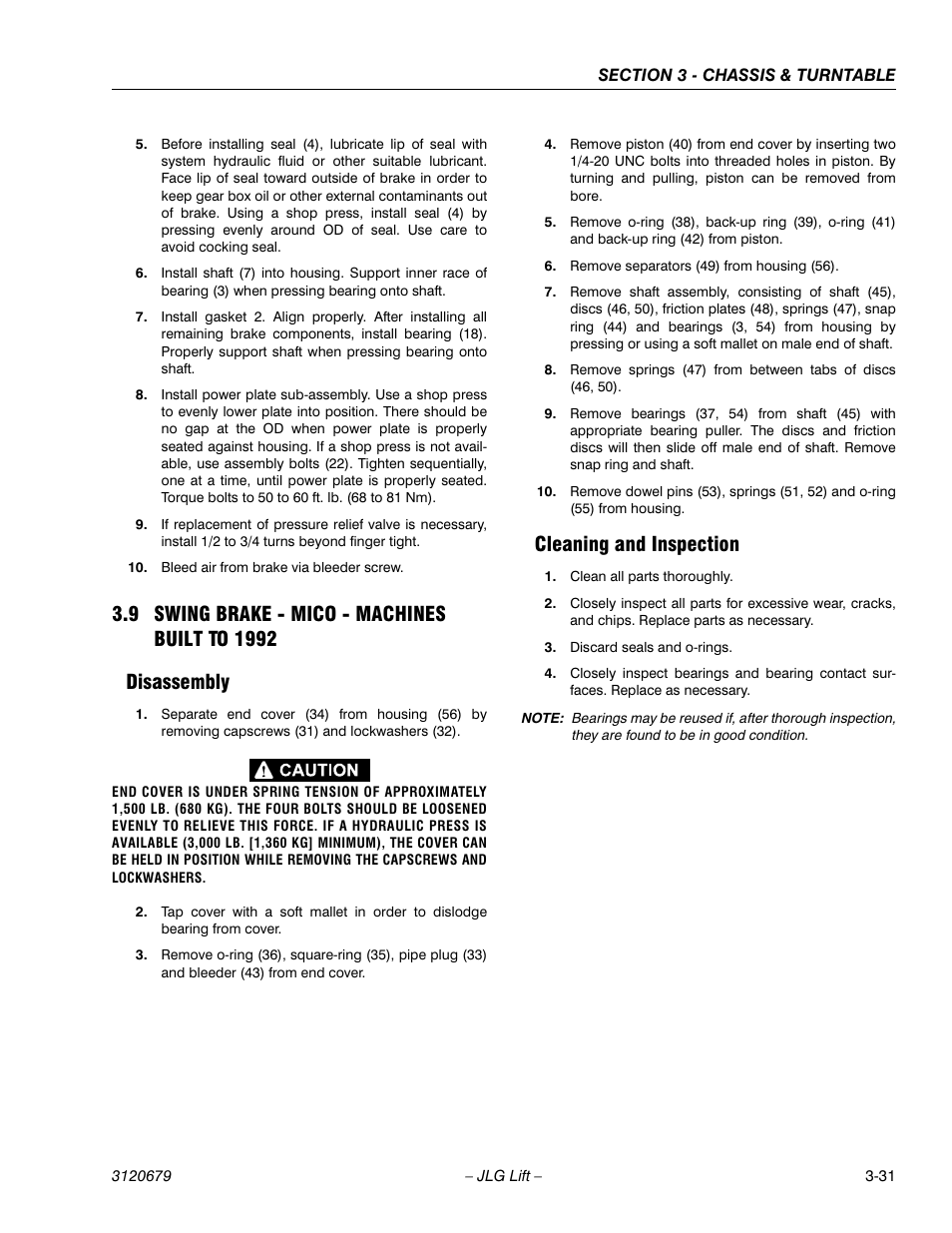 9 swing brake - mico - machines built to 1992, Disassembly, Cleaning and inspection | Swing brake - mico - machines built to 1992 -31, Disassembly -31 cleaning and inspection -31 | JLG 150HAX ANSI Service Manual User Manual | Page 69 / 160