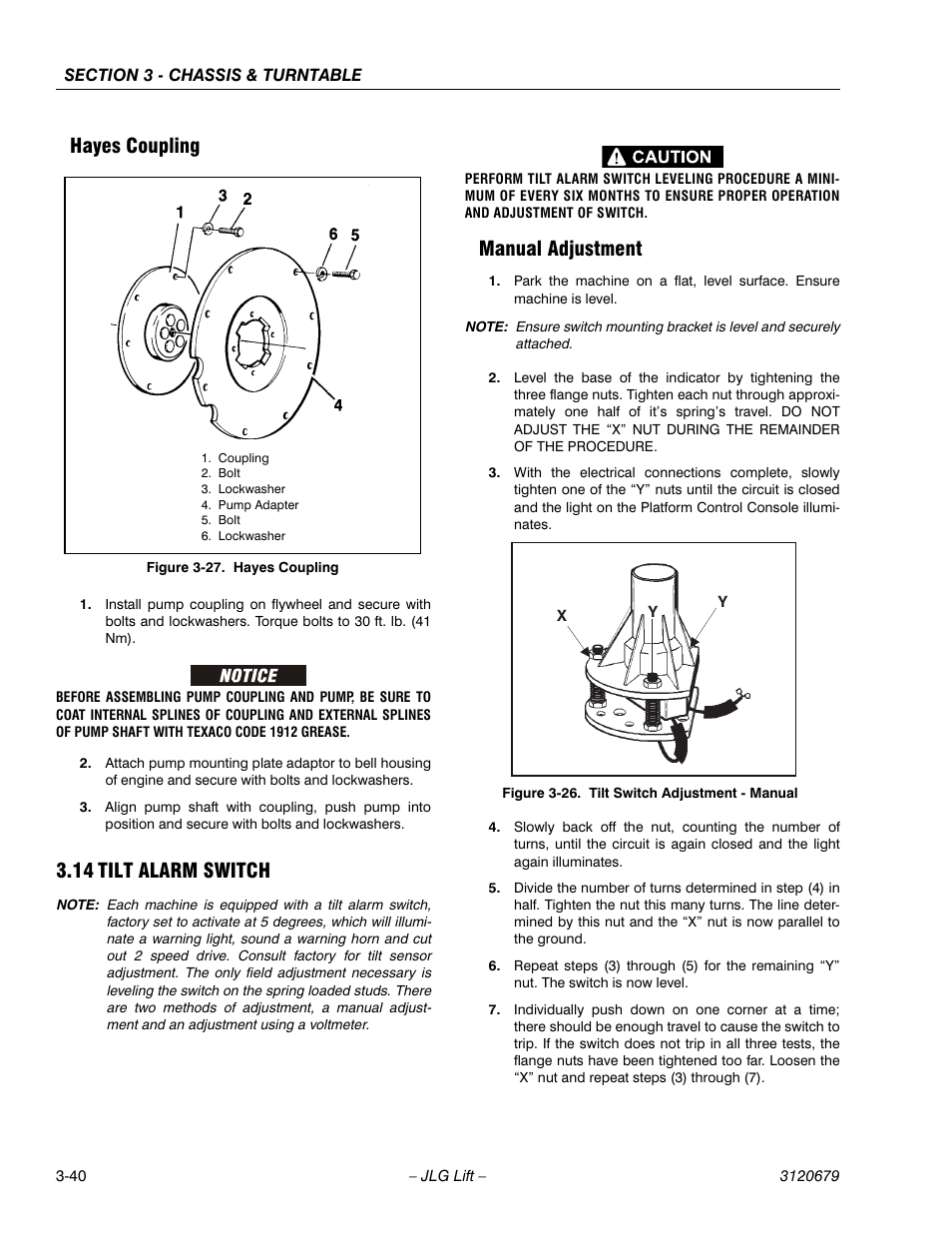 Hayes coupling, 14 tilt alarm switch, Manual adjustment | Hayes coupling -40, Tilt alarm switch -40, Manual adjustment -40, Tilt switch adjustment - manual -40 | JLG 150HAX ANSI Service Manual User Manual | Page 78 / 160