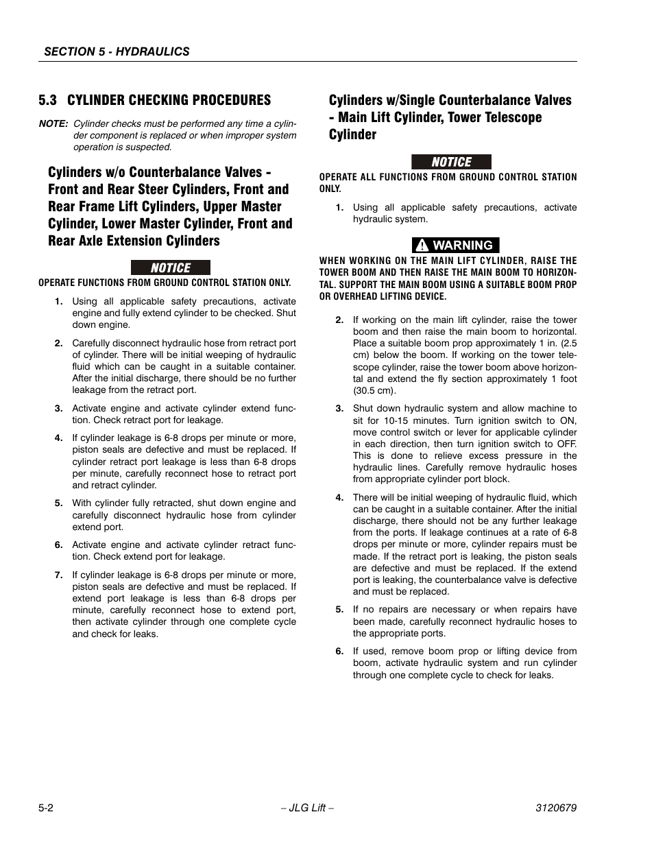 3 cylinder checking procedures, Cylinder checking procedures -2, Tower telescope cylinder -2 | JLG 150HAX ANSI Service Manual User Manual | Page 98 / 160