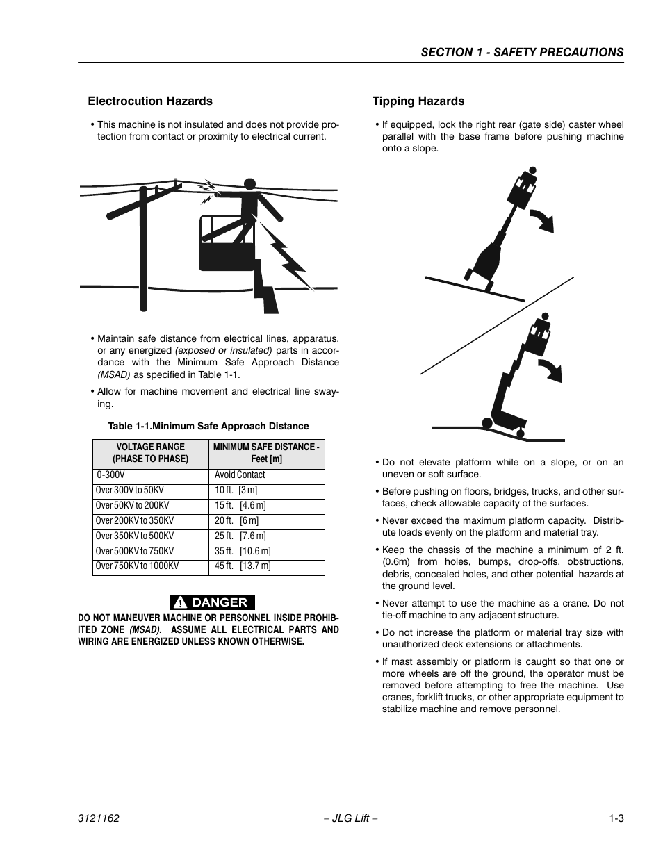 Electrocution hazards, Tipping hazards, Electrocution hazards -3 tipping hazards -3 | Minimum safe approach distance -3 | JLG 9MP Operator Manual User Manual | Page 11 / 42