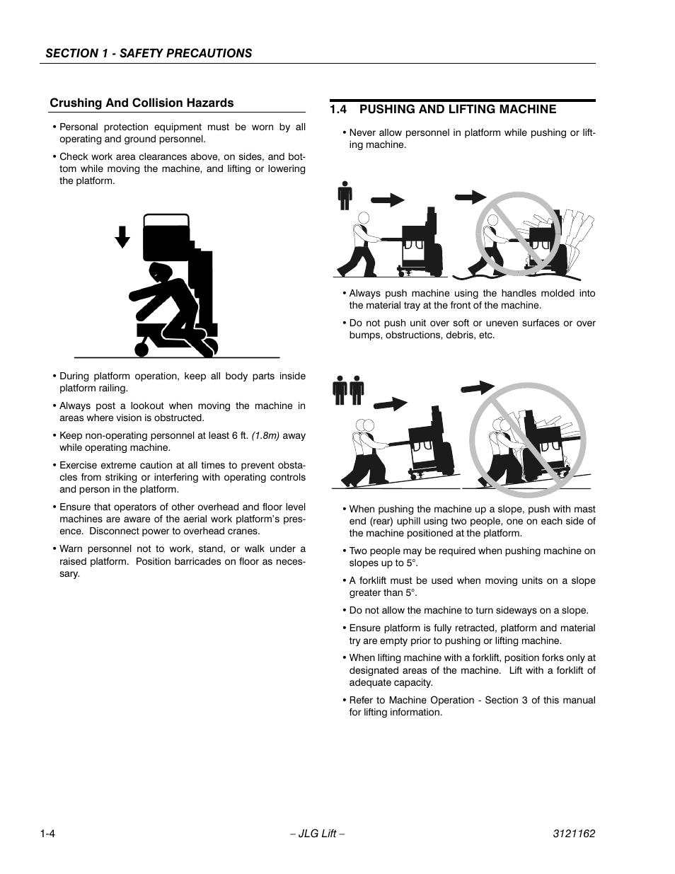 Crushing and collision hazards, 4 pushing and lifting machine, Crushing and collision hazards -4 | Pushing and lifting machine -4 | JLG 9MP Operator Manual User Manual | Page 12 / 42