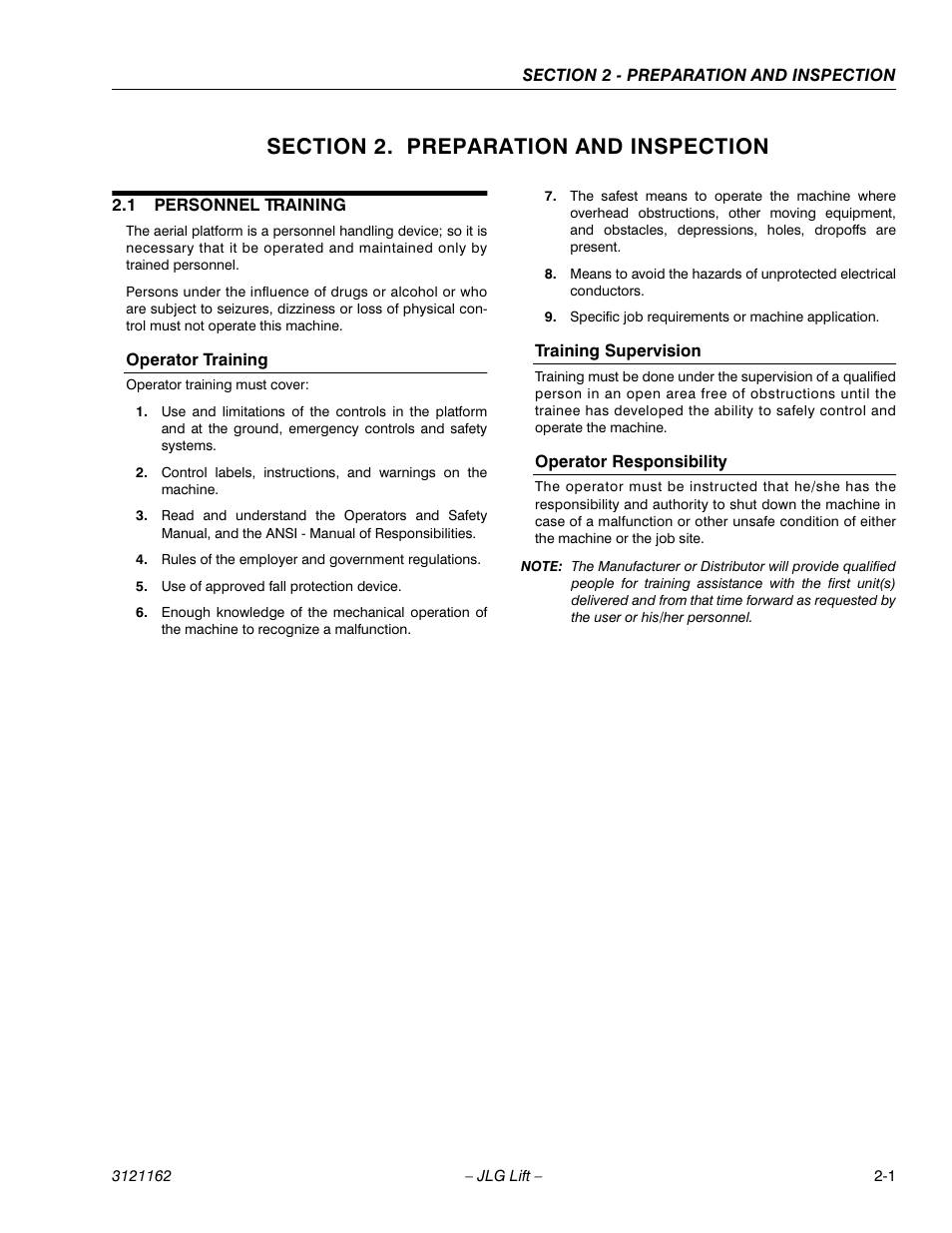 Section 2. preparation and inspection, 1 personnel training, Operator training | Training supervision, Operator responsibility, Section 2 - preparation and inspection, Personnel training -1 | JLG 9MP Operator Manual User Manual | Page 13 / 42