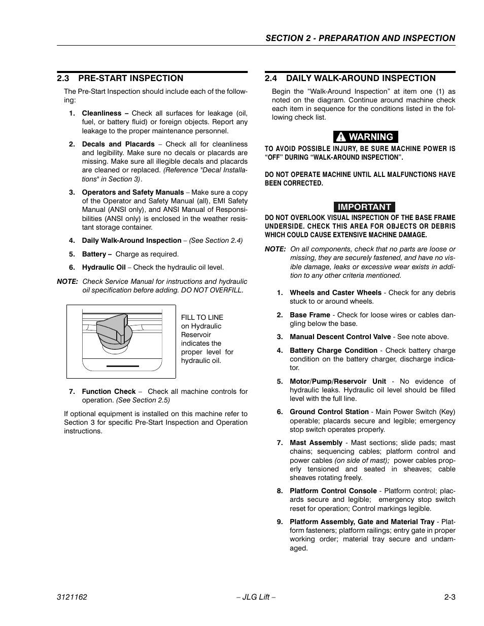 3 pre-start inspection, 4 daily walk-around inspection, Pre-start inspection -3 | Daily walk-around inspection -3 | JLG 9MP Operator Manual User Manual | Page 15 / 42