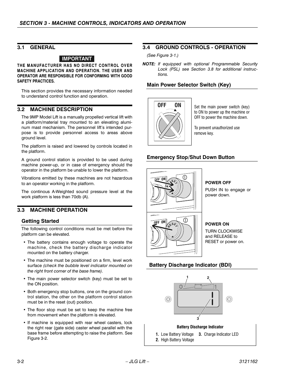1 general, 2 machine description, 3 machine operation | Getting started, 4 ground controls - operation, Main power selector switch (key), Emergency stop/shut down button, Battery discharge indicator (bdi), General -2, Machine description -2 | JLG 9MP Operator Manual User Manual | Page 20 / 42