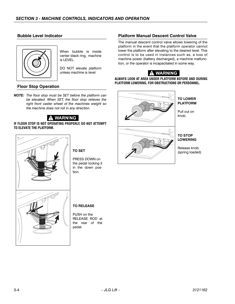 Bubble level indicator, Floor stop operation, Platform manual descent control valve | JLG 9MP Operator Manual User Manual | Page 22 / 42