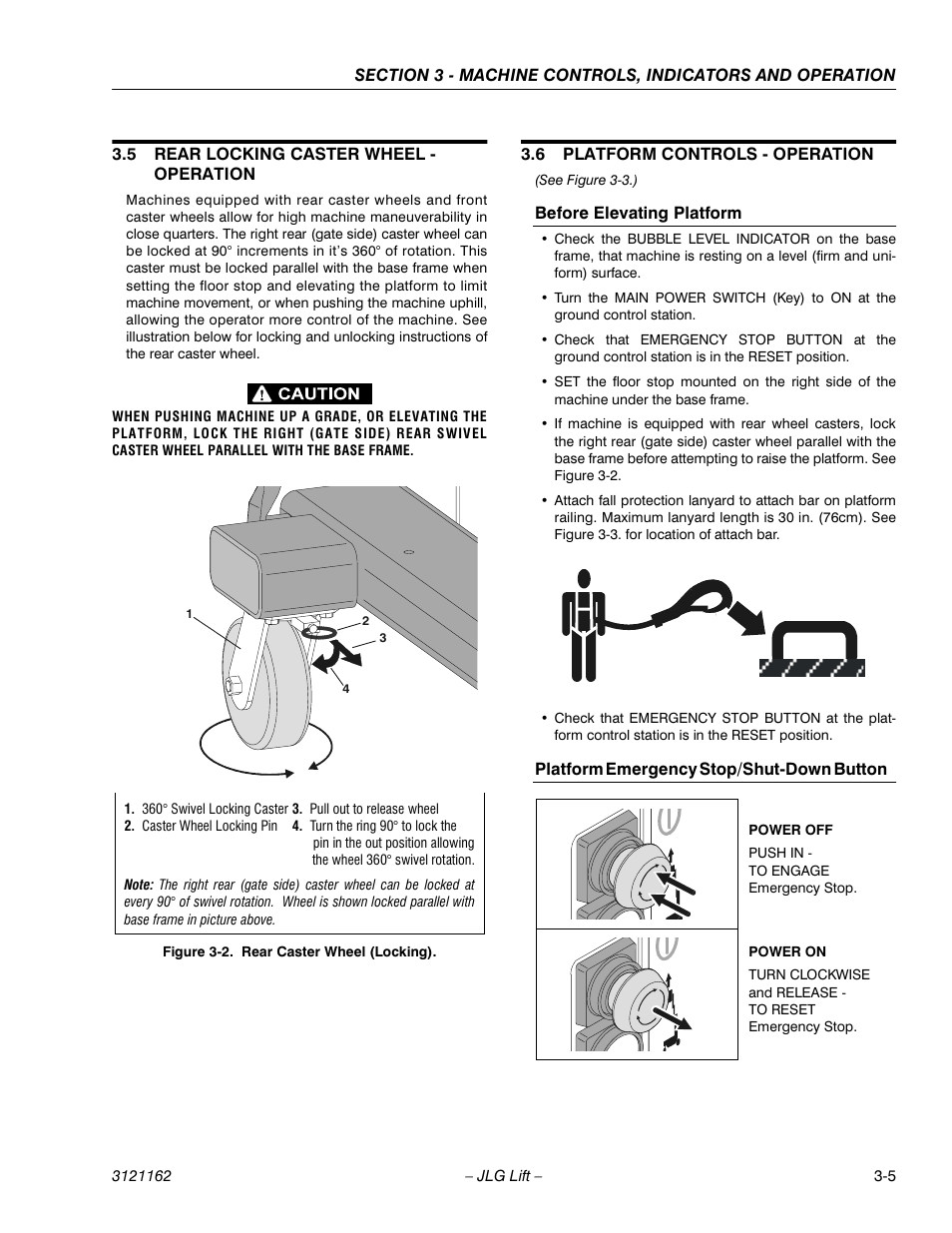 5 rear locking caster wheel - operation, 6 platform controls - operation, Before elevating platform | Platform emergency stop/shut-down button, Rear locking caster wheel - operation -5, Platform controls - operation -5, Rear caster wheel (locking) -5 | JLG 9MP Operator Manual User Manual | Page 23 / 42