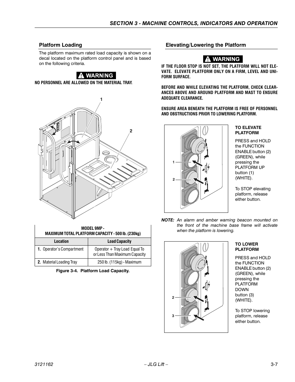 Platform loading, Elevating/lowering the platform, Platform load capacity -7 | JLG 9MP Operator Manual User Manual | Page 25 / 42