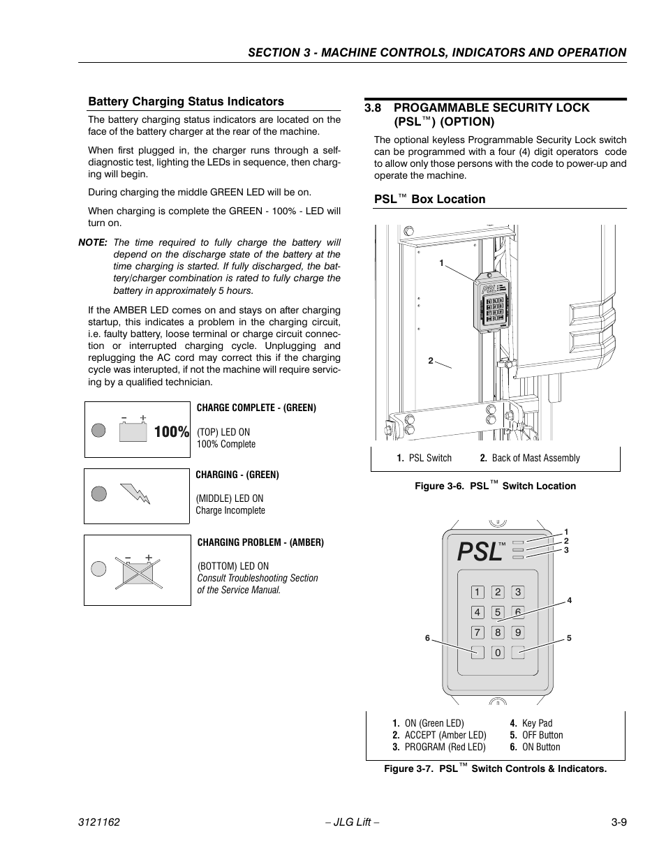 Battery charging status indicators, 8 progammable security lock (psl™) (option), Psl™ box location | Battery charging status indicators -9, Progammable security lock (psl™) (option) -9, Psl™ box location -9, Psl™ switch location -9, Psl™ switch controls & indicators -9 | JLG 9MP Operator Manual User Manual | Page 27 / 42