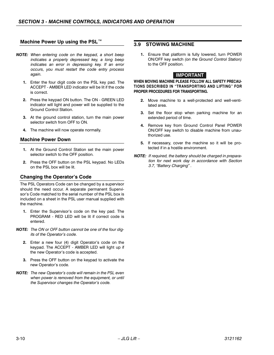 Machine power up using the psl, Machine power down, Changing the operator’s code | 9 stowing machine, Stowing machine -10 | JLG 9MP Operator Manual User Manual | Page 28 / 42