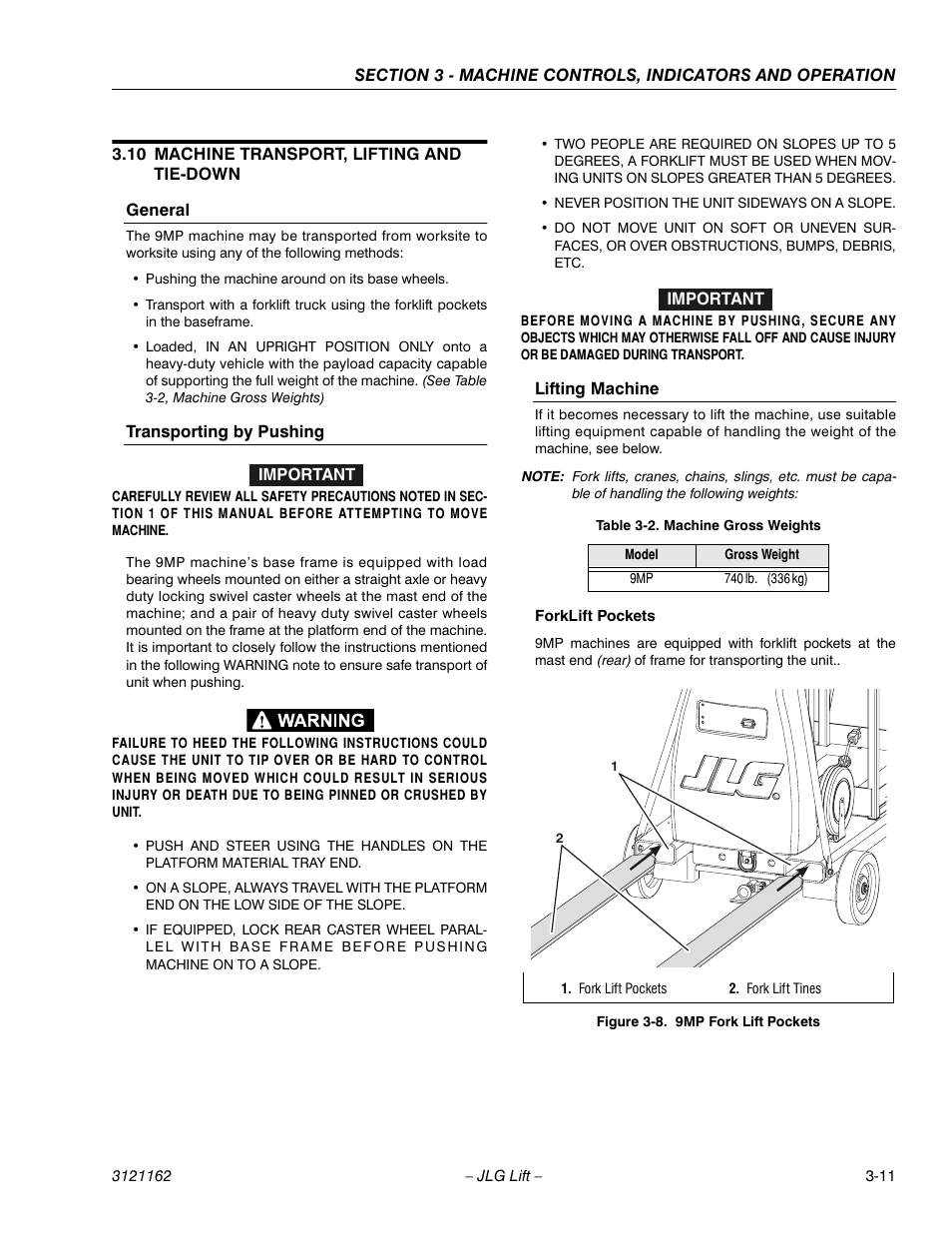10 machine transport, lifting and tie-down, General, Transporting by pushing | Lifting machine, 10 machine transport, lifting and tiedown -11, 9mp fork lift pockets -11, Machine gross weights -11 | JLG 9MP Operator Manual User Manual | Page 29 / 42