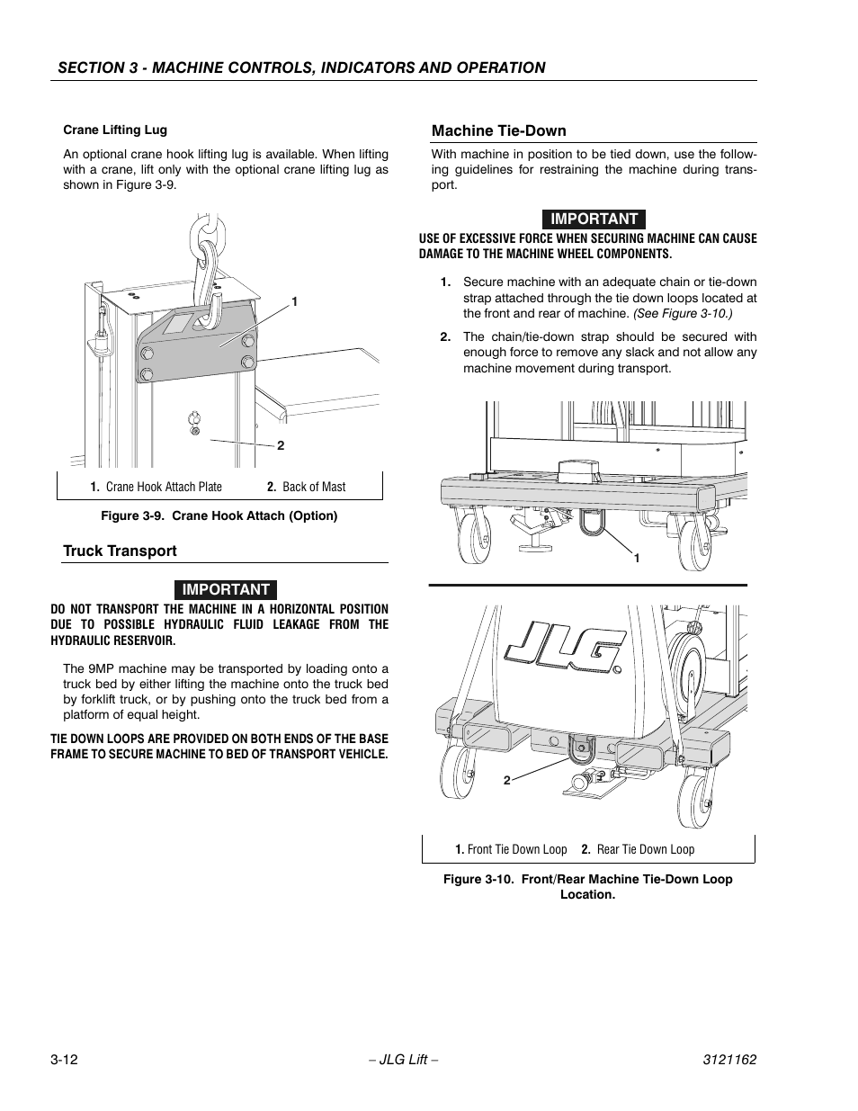 Truck transport, Machine tie-down, Truck transport -12 machine tie-down -12 | Crane hook attach (option) -12, Front/rear machine tie-down loop location -12 | JLG 9MP Operator Manual User Manual | Page 30 / 42