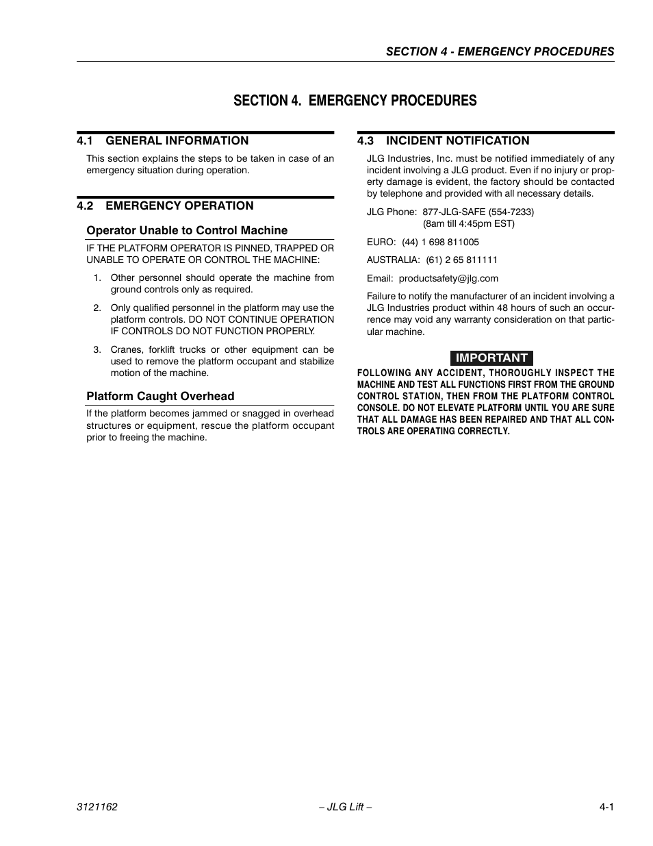 Section 4. emergency procedures, 1 general information, 2 emergency operation | Operator unable to control machine, Platform caught overhead, 3 incident notification, Section 4 - emergency procedures, General information -1, Emergency operation -1, Incident notification -1 | JLG 9MP Operator Manual User Manual | Page 35 / 42