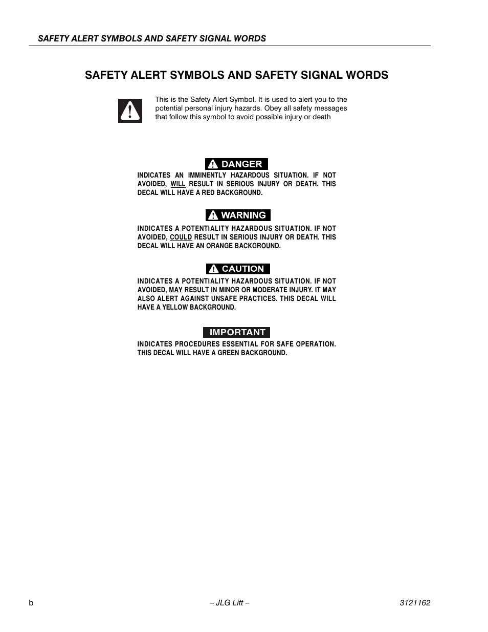 Safety alert symbols and safety signal words | JLG 9MP Operator Manual User Manual | Page 4 / 42