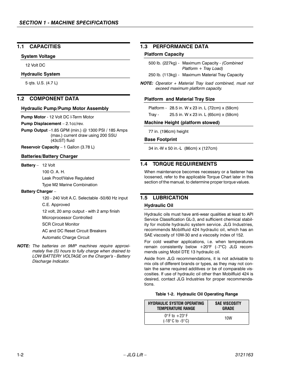 1 capacities, System voltage, Hydraulic system | 2 component data, Hydraulic pump/pump motor assembly, Batteries/battery charger, 3 performance data, Platform capacity, Platform and material tray size, Machine height (platform stowed) | JLG 9MP Service Manual User Manual | Page 10 / 70
