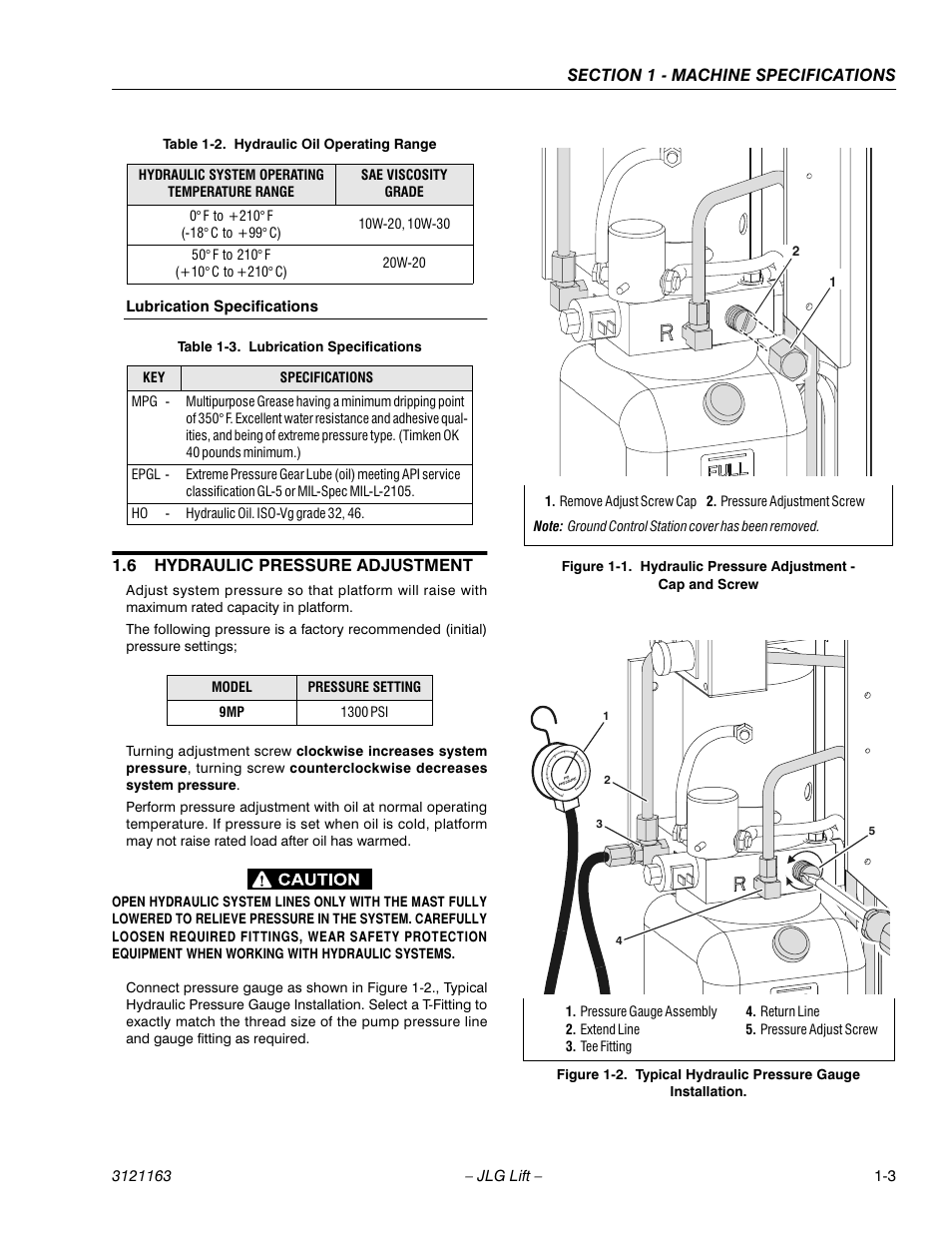 Lubrication specifications, 6 hydraulic pressure adjustment, Lubrication specifications -3 | Hydraulic pressure adjustment -3, Hydraulic pressure adjustment - cap and screw -3, Typical hydraulic pressure gauge installation -3 | JLG 9MP Service Manual User Manual | Page 11 / 70