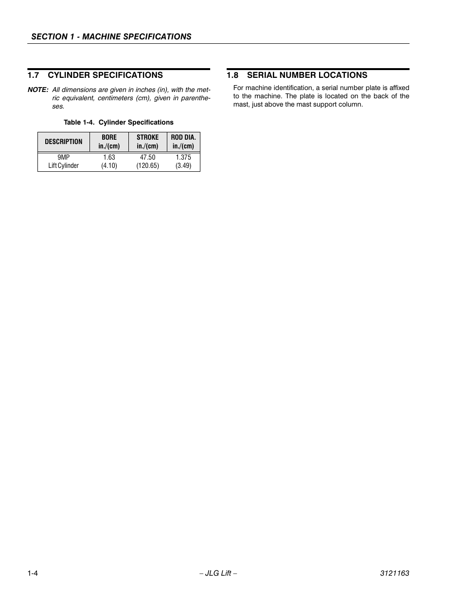 7 cylinder specifications, 8 serial number locations, Cylinder specifications -4 | Serial number locations -4 | JLG 9MP Service Manual User Manual | Page 12 / 70