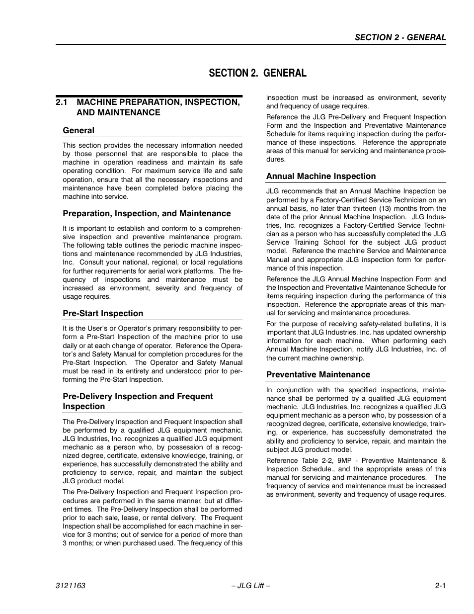 Section 2. general, 1 machine preparation, inspection, and maintenance, General | Preparation, inspection, and maintenance, Pre-start inspection, Pre-delivery inspection and frequent inspection, Annual machine inspection, Preventative maintenance, Section 2 - general | JLG 9MP Service Manual User Manual | Page 17 / 70