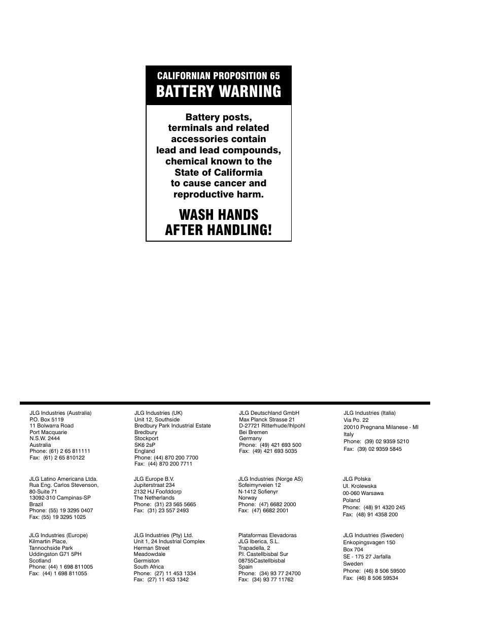 Battery warning, Wash hands after handling | JLG 9MP Service Manual User Manual | Page 2 / 70
