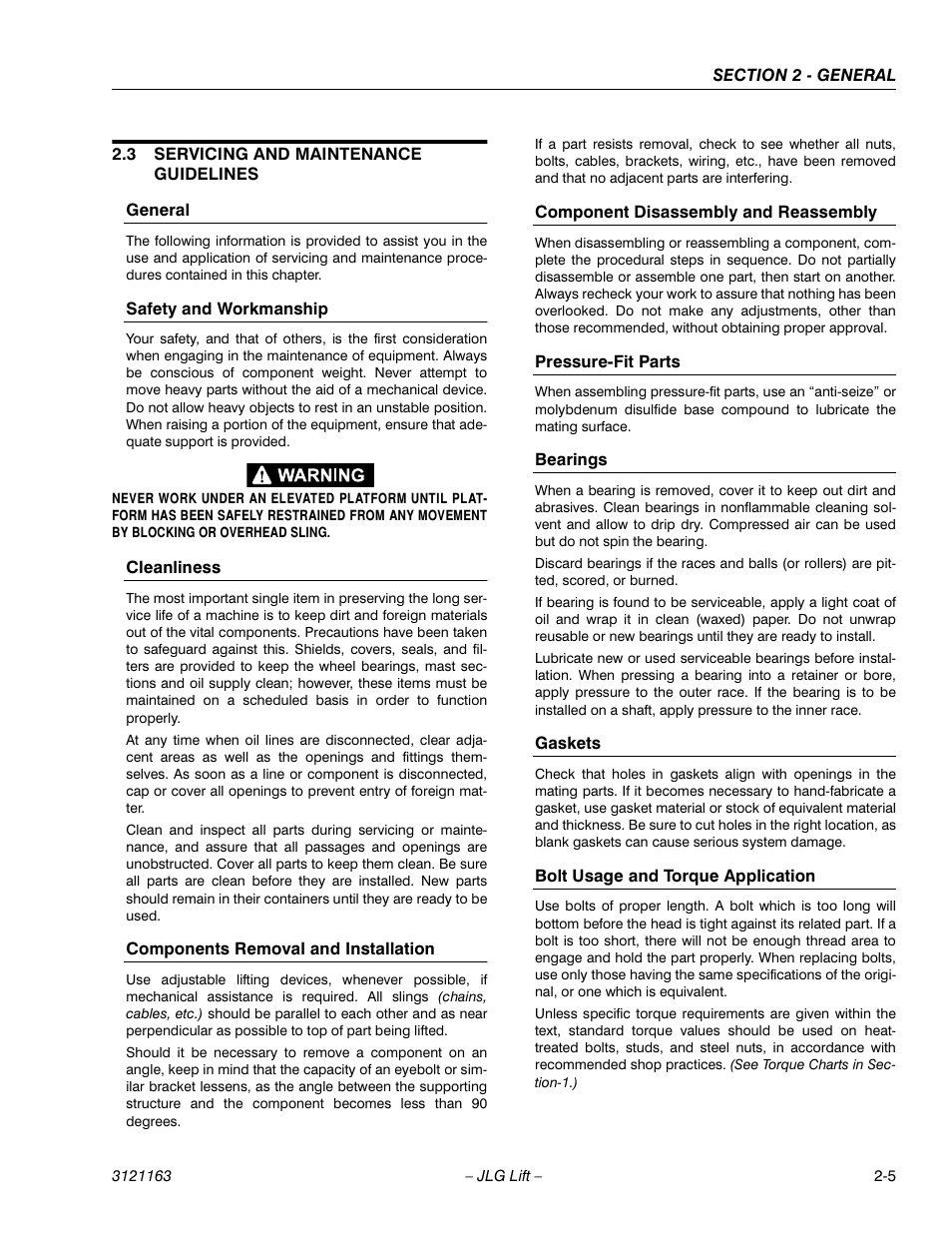 3 servicing and maintenance guidelines, General, Safety and workmanship | Cleanliness, Components removal and installation, Component disassembly and reassembly, Pressure-fit parts, Bearings, Gaskets, Bolt usage and torque application | JLG 9MP Service Manual User Manual | Page 21 / 70