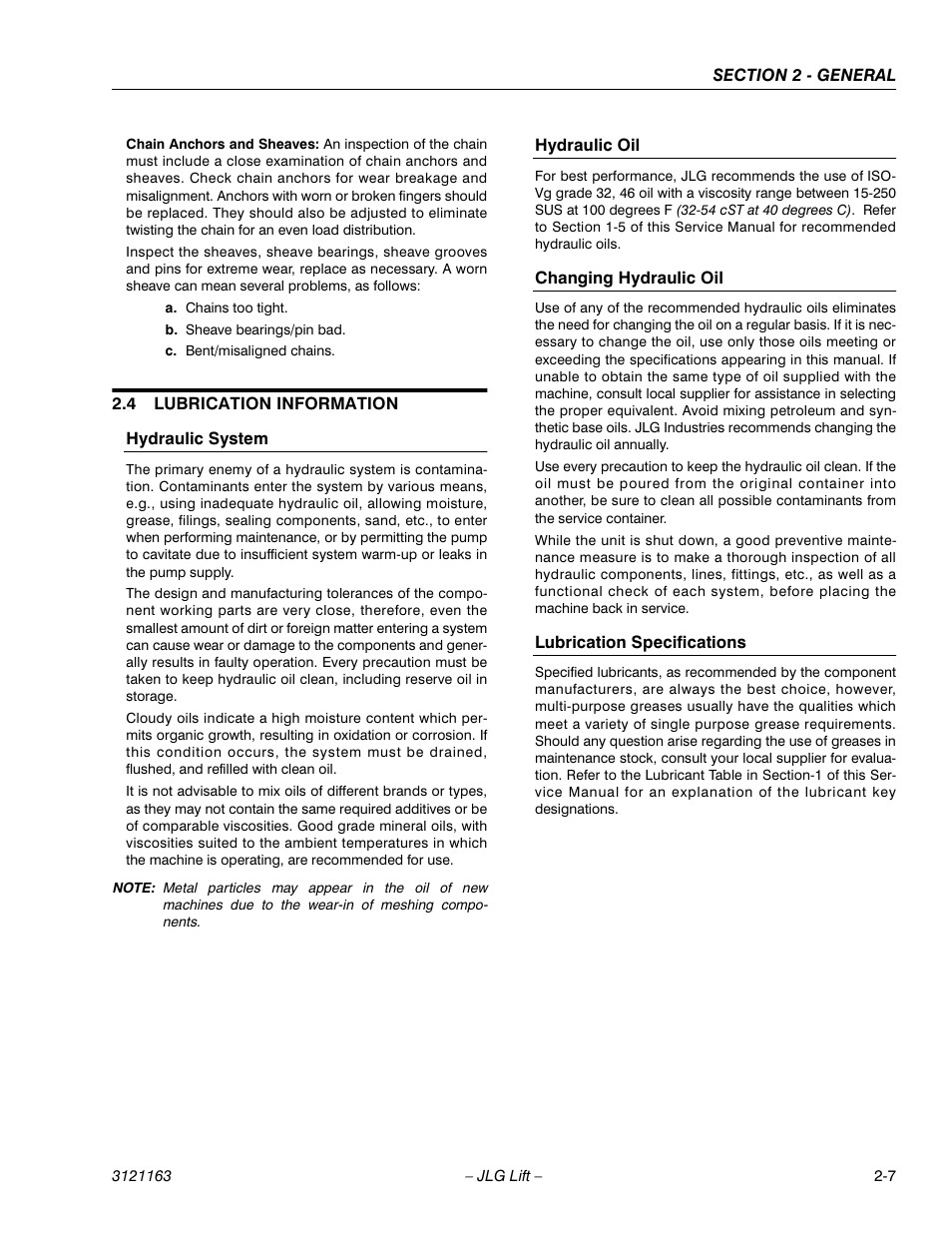 4 lubrication information, Hydraulic system, Hydraulic oil | Changing hydraulic oil, Lubrication specifications, Lubrication information -7 | JLG 9MP Service Manual User Manual | Page 23 / 70