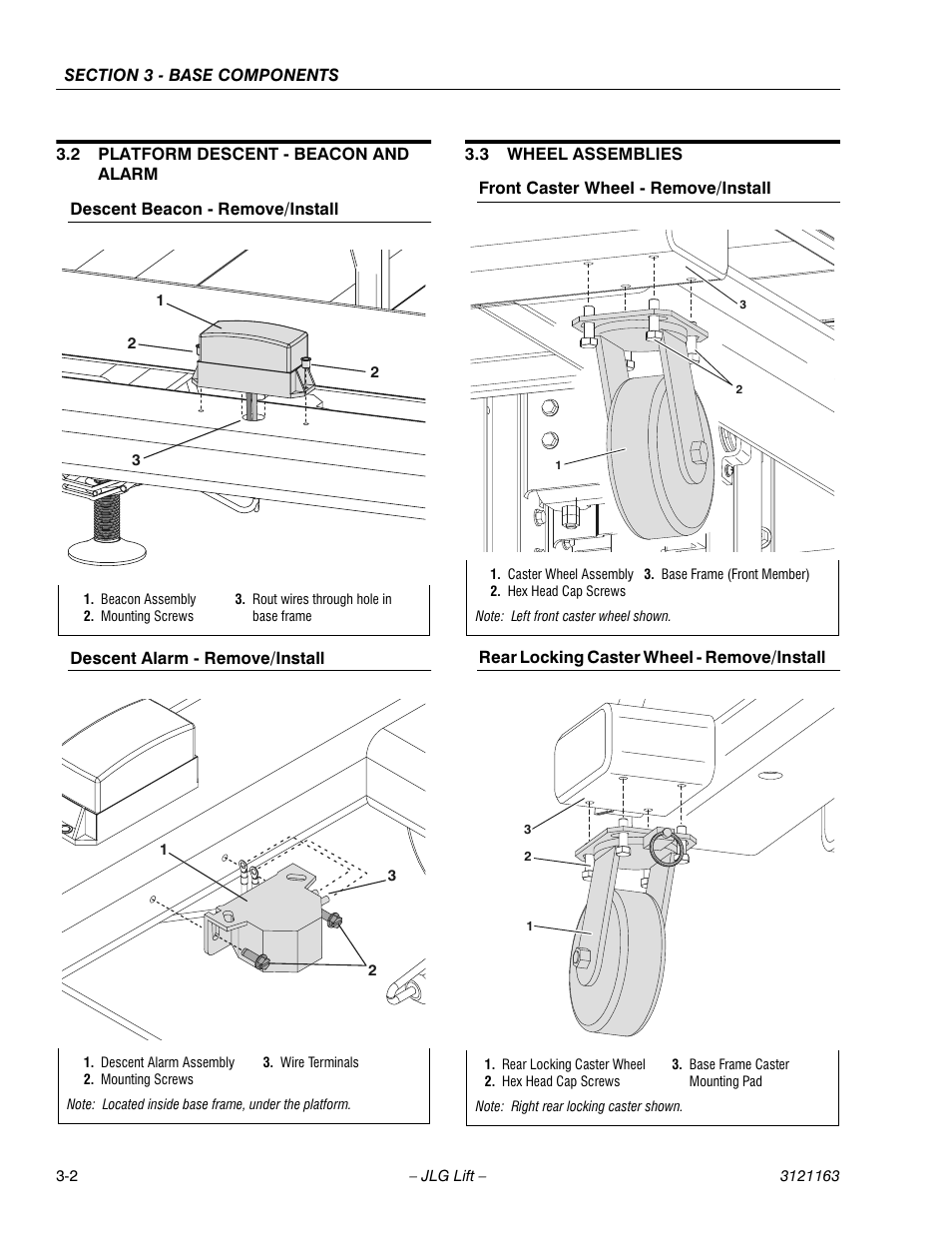 2 platform descent - beacon and alarm, Descent beacon - remove/install, Descent alarm - remove/install | 3 wheel assemblies, Front caster wheel - remove/install, Rear locking caster wheel - remove/install, Platform descent - beacon and alarm -2, Wheel assemblies -2 | JLG 9MP Service Manual User Manual | Page 26 / 70