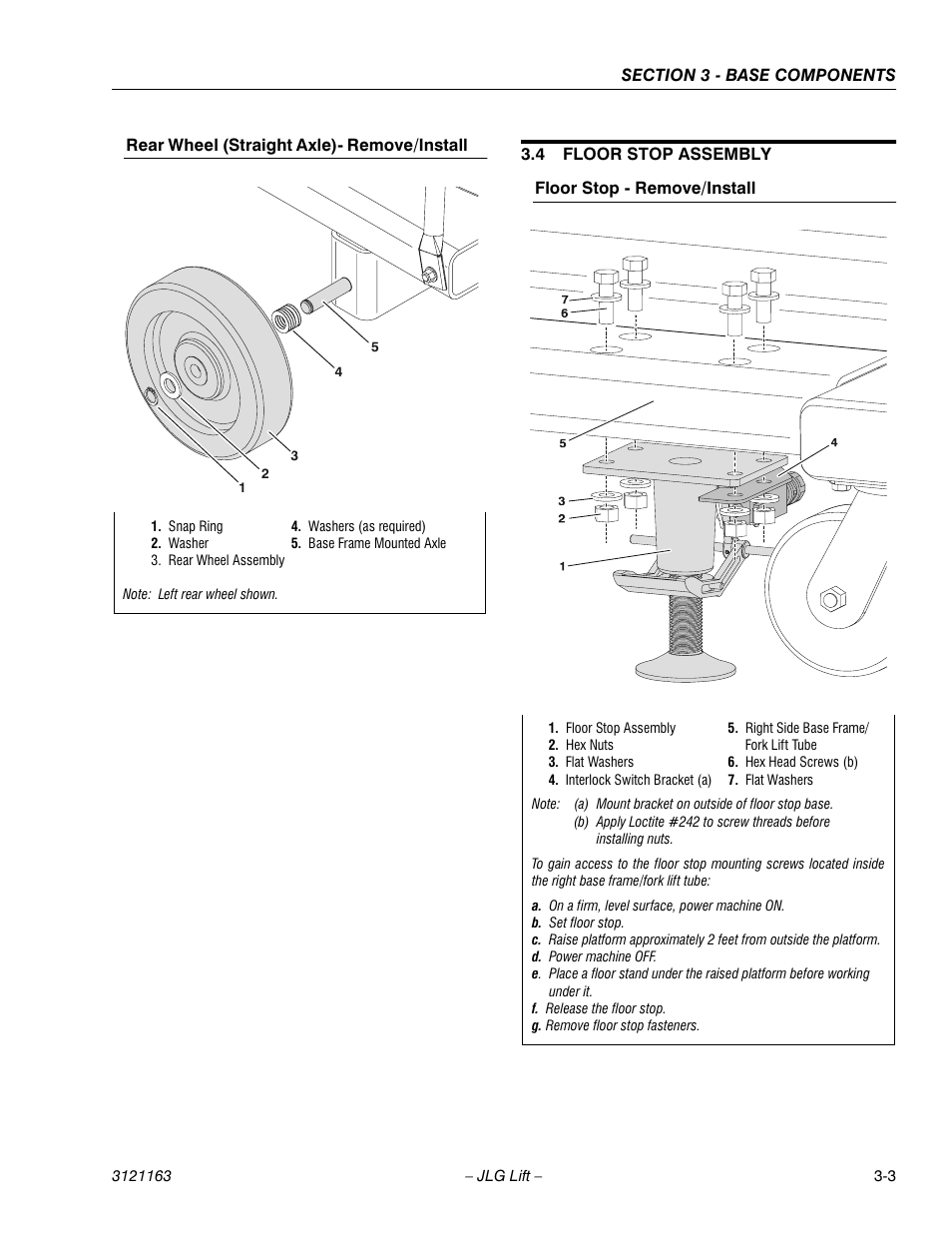 Rear wheel (straight axle)- remove/install, 4 floor stop assembly, Floor stop - remove/install | Rear wheel (straight axle)- remove/install -3, Floor stop assembly -3, Floor stop - remove/install -3 | JLG 9MP Service Manual User Manual | Page 27 / 70