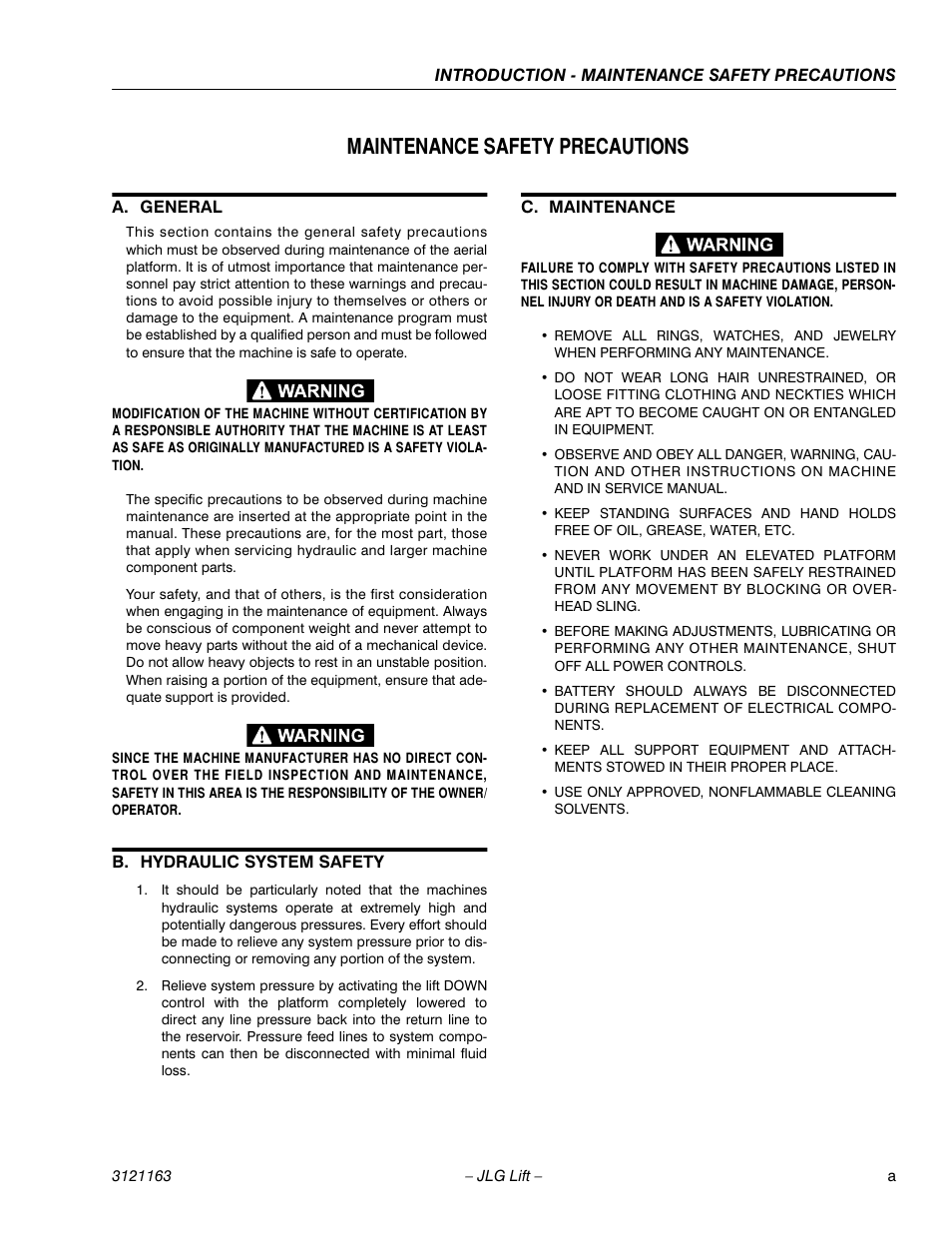 Maintenance safety precautions, A. general, B. hydraulic system safety | C. maintenance | JLG 9MP Service Manual User Manual | Page 3 / 70
