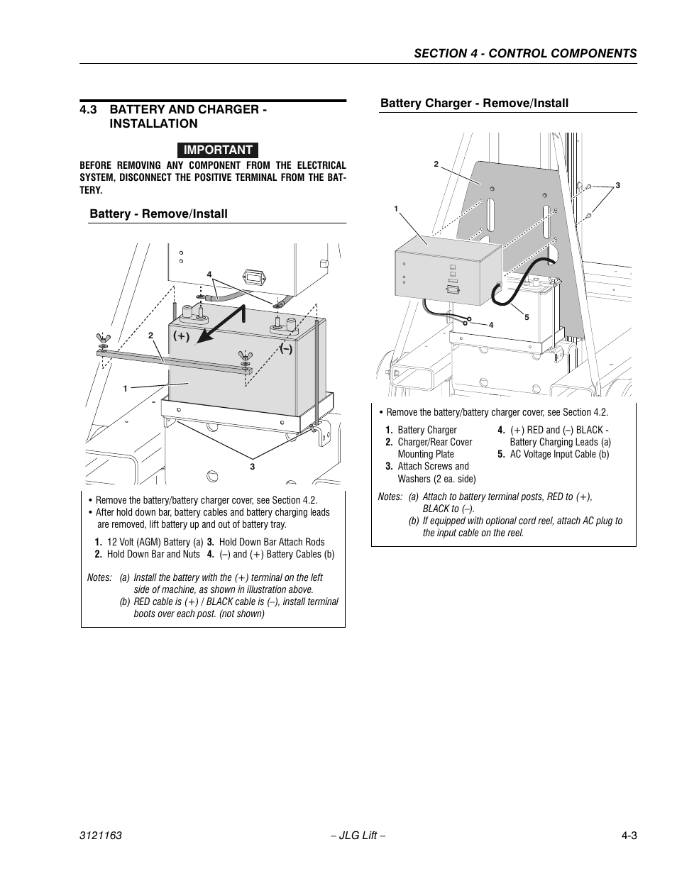 3 battery and charger - installation, Battery - remove/install, Battery charger - remove/install | Battery and charger - installation -3 | JLG 9MP Service Manual User Manual | Page 33 / 70
