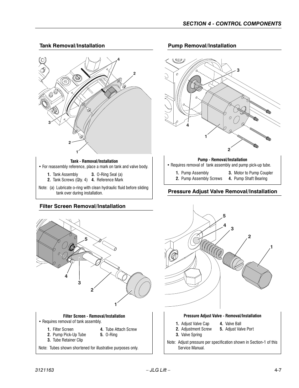 Tank removal/installation, Filter screen removal/installation, Pump removal/installation | Pressure adjust valve removal/installation | JLG 9MP Service Manual User Manual | Page 37 / 70