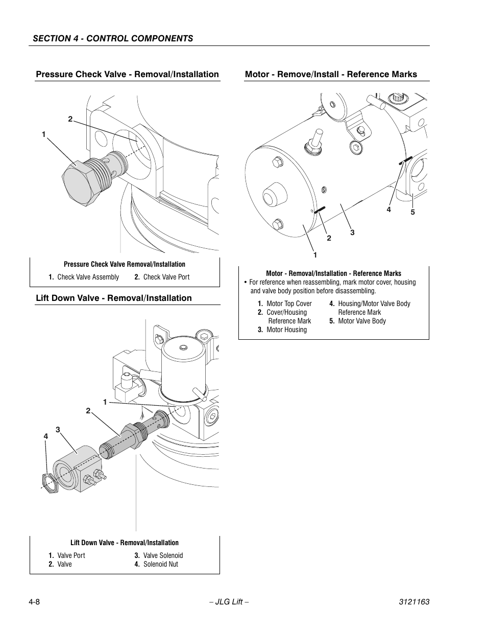 Pressure check valve - removal/installation, Lift down valve - removal/installation, Motor - remove/install - reference marks | JLG 9MP Service Manual User Manual | Page 38 / 70