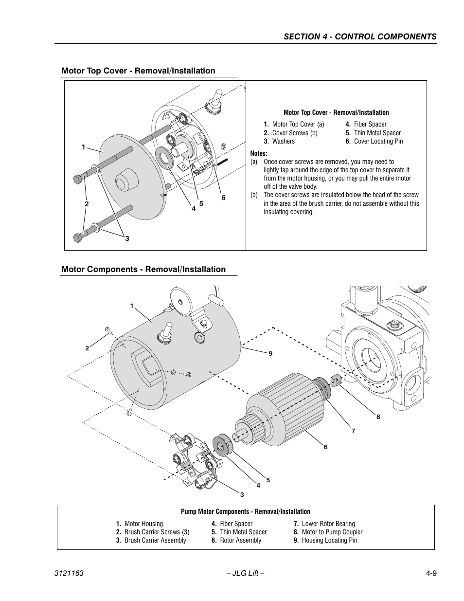 Motor top cover - removal/installation, Motor components - removal/installation | JLG 9MP Service Manual User Manual | Page 39 / 70