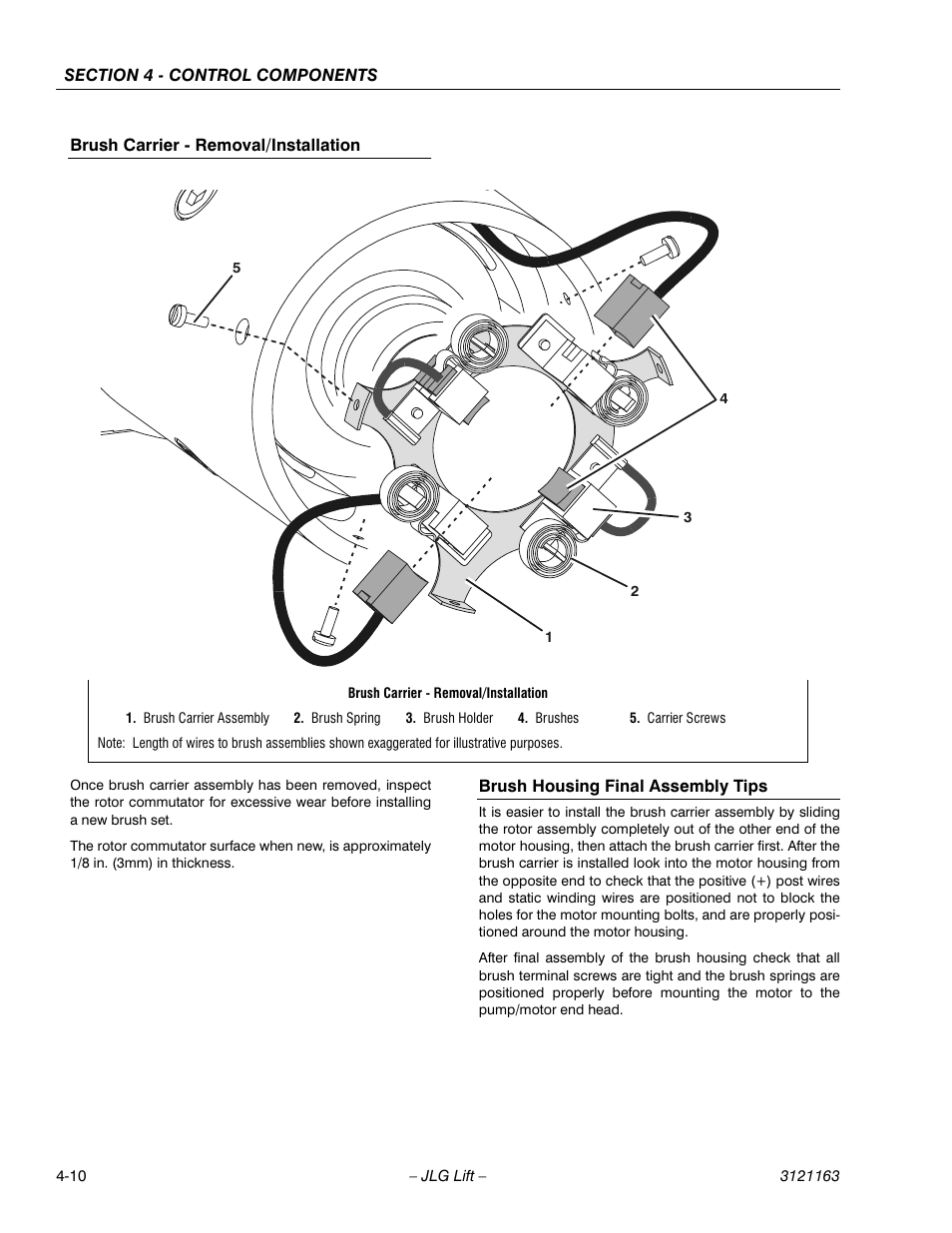 Brush carrier - removal/installation, Brush housing final assembly tips | JLG 9MP Service Manual User Manual | Page 40 / 70