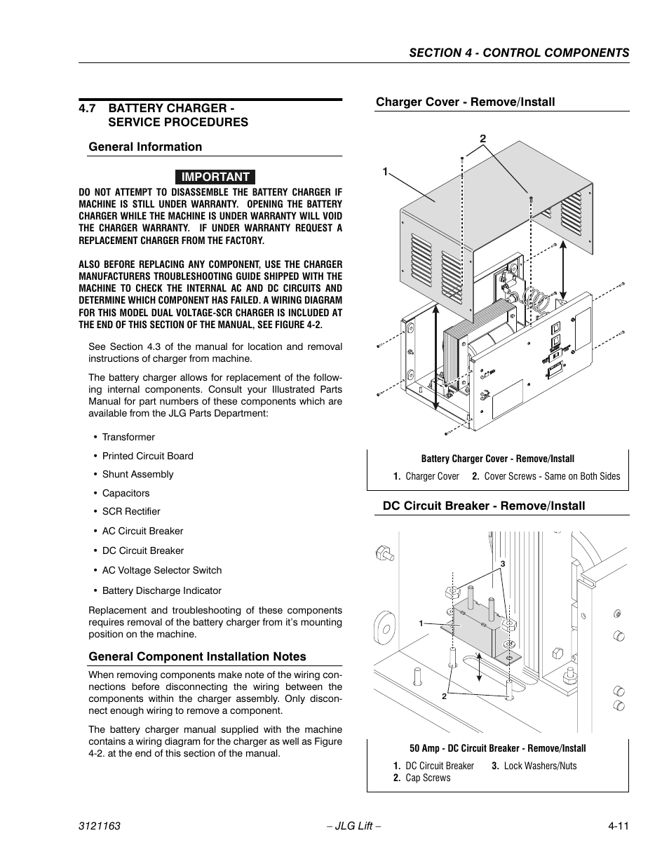 7 battery charger - service procedures, General information, General component installation notes | Charger cover - remove/install, Dc circuit breaker - remove/install, Battery charger - service procedures -11 | JLG 9MP Service Manual User Manual | Page 41 / 70