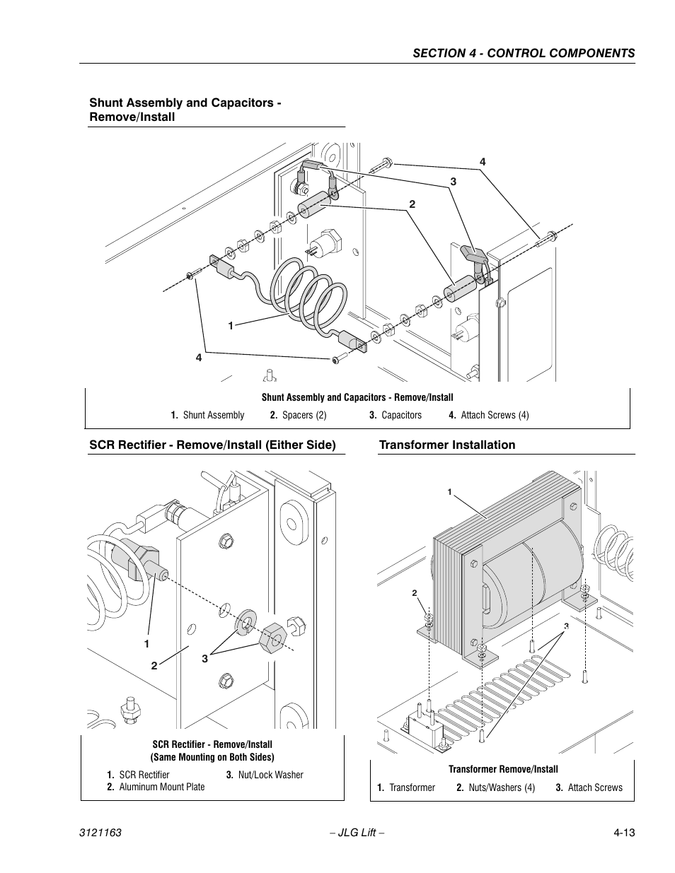 Shunt assembly and capacitors - remove/install, Scr rectifier - remove/install (either side), Transformer installation | JLG 9MP Service Manual User Manual | Page 43 / 70