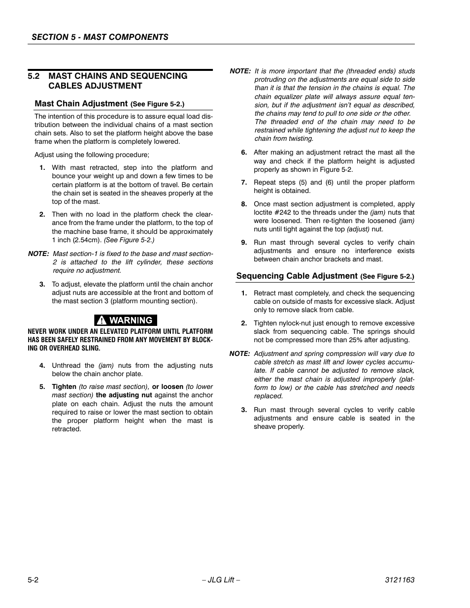 2 mast chains and sequencing cables adjustment, Mast chain adjustment (see figure 5-2.), Sequencing cable adjustment (see figure 5-2.) | Mast chains and sequencing cables adjustment -2 | JLG 9MP Service Manual User Manual | Page 46 / 70