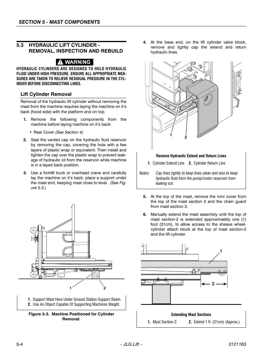 Lift cylinder removal, Lift cylinder removal -4, Machine positioned for cylinder removal -4 | JLG 9MP Service Manual User Manual | Page 48 / 70