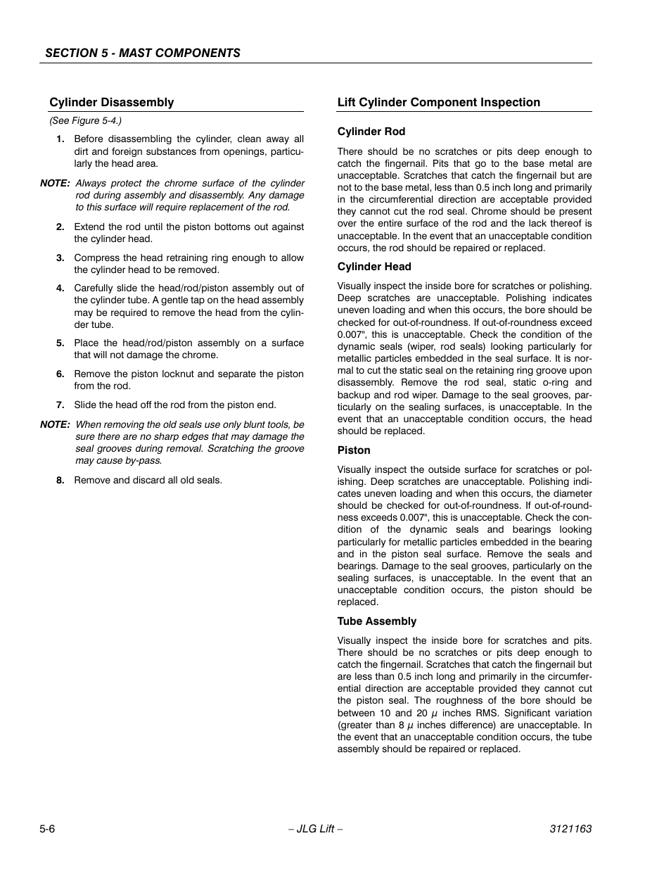 Cylinder disassembly, Lift cylinder component inspection | JLG 9MP Service Manual User Manual | Page 50 / 70
