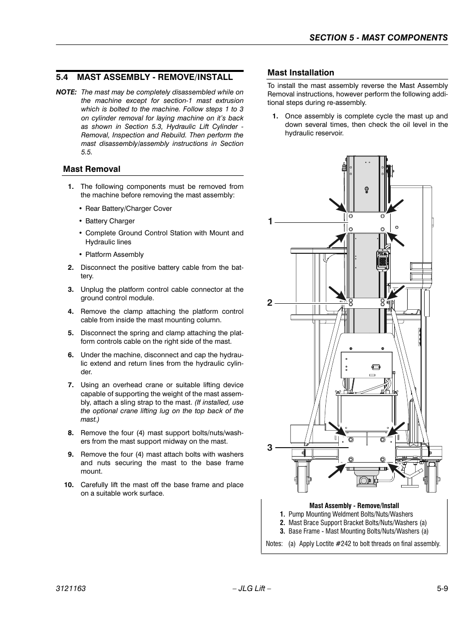 4 mast assembly - remove/install, Mast removal, Mast installation | Mast assembly - remove/install -9, Mast removal -9 mast installation -9 | JLG 9MP Service Manual User Manual | Page 53 / 70