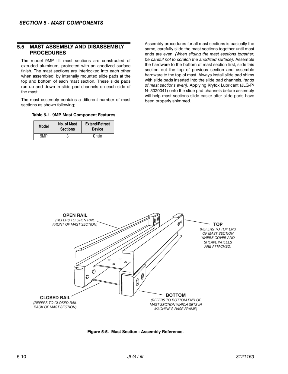 5 mast assembly and disassembly procedures, Mast assembly and disassembly procedures -10, Mast section - assembly reference -10 | 9mp mast component features -10 | JLG 9MP Service Manual User Manual | Page 54 / 70