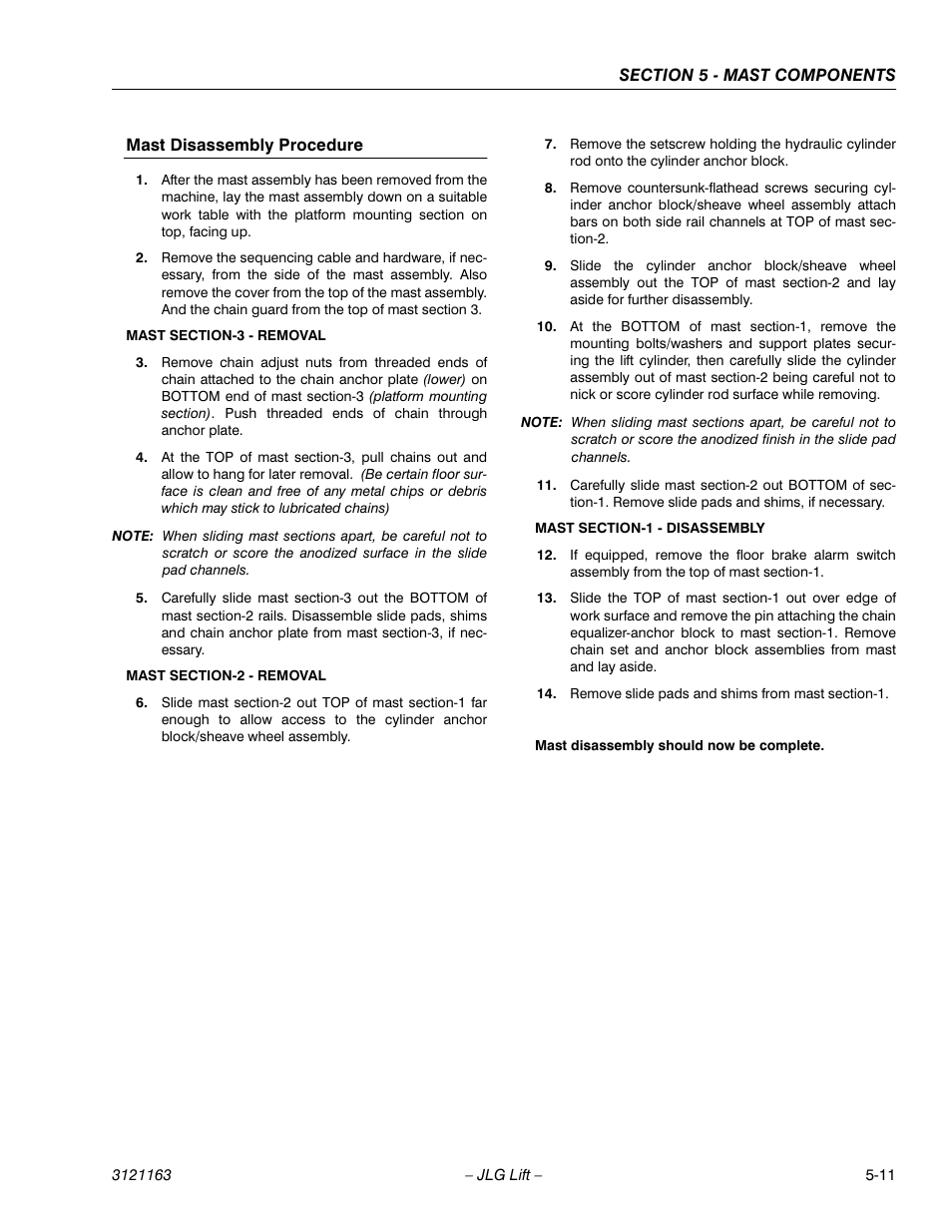 Mast disassembly procedure, Mast disassembly procedure -11 | JLG 9MP Service Manual User Manual | Page 55 / 70