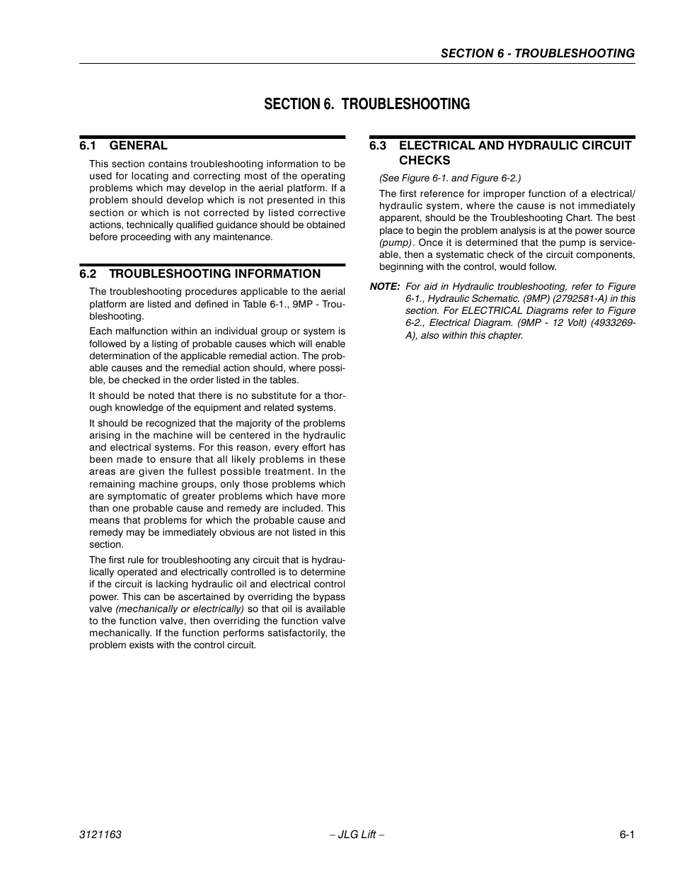 Section 6. troubleshooting, 1 general, 2 troubleshooting information | 3 electrical and hydraulic circuit checks, Section 6 - troubleshooting, General -1, Troubleshooting information -1, Electrical and hydraulic circuit checks -1 | JLG 9MP Service Manual User Manual | Page 63 / 70
