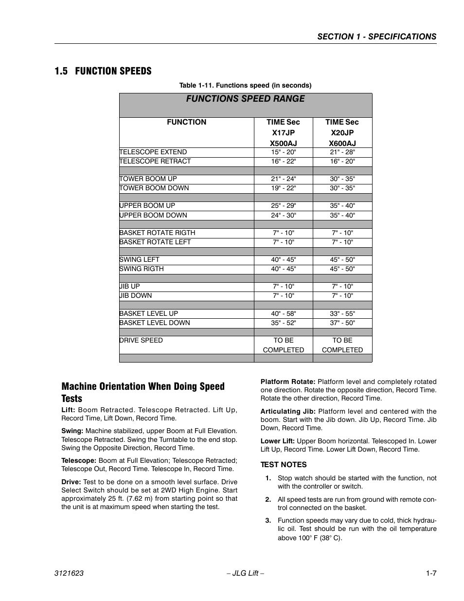 5 function speeds, Machine orientation when doing speed tests, Functions speed range | JLG X20JP - X600AJ Service Manual User Manual | Page 12 / 385