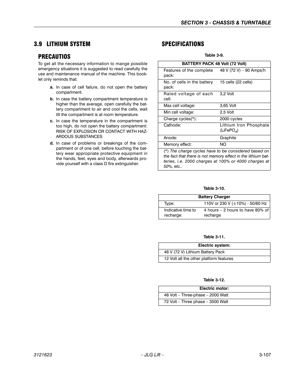 9 lithium system, Precautios, Specifications | 9 lithium system precautios | JLG X20JP - X600AJ Service Manual User Manual | Page 131 / 385