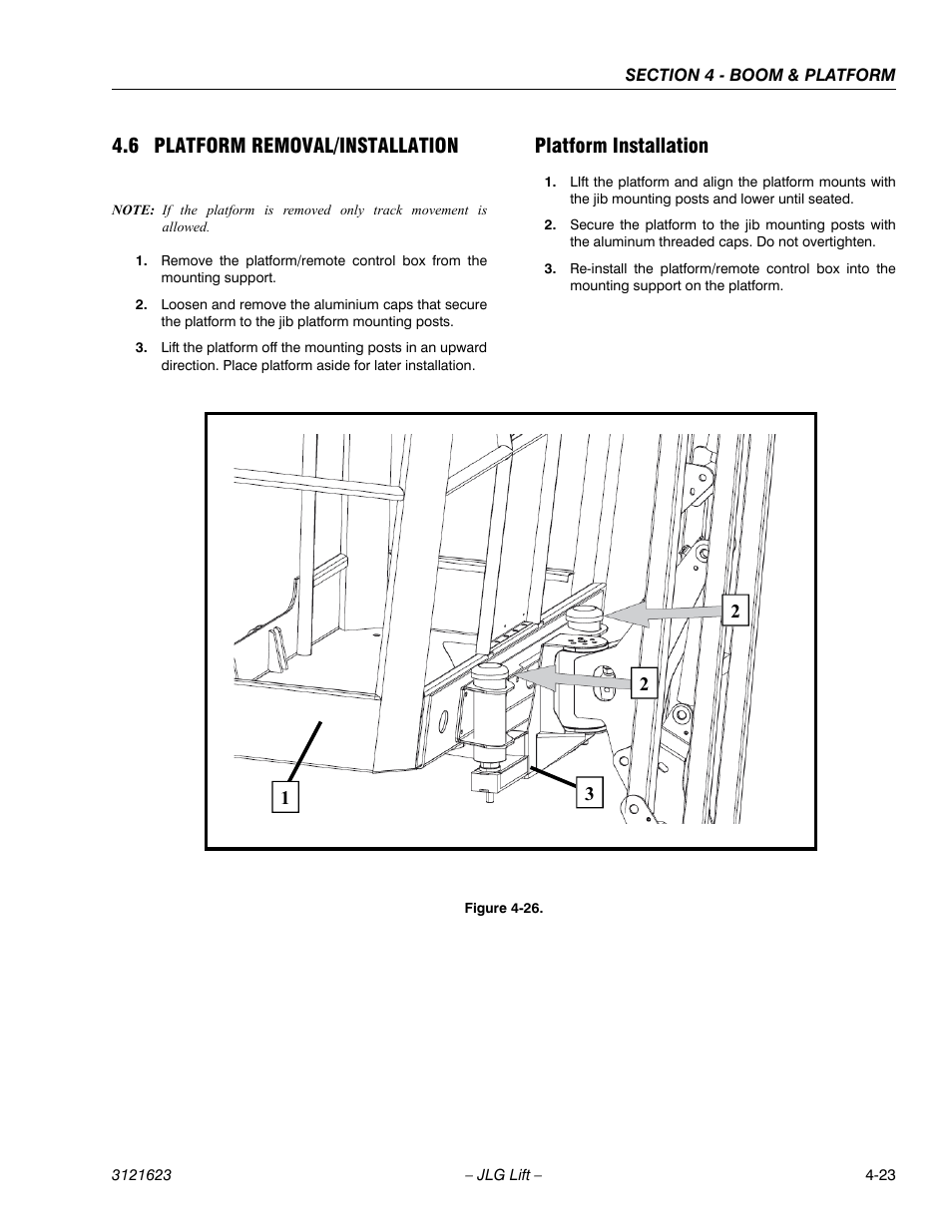 6 platform removal/installation, Platform installation | JLG X20JP - X600AJ Service Manual User Manual | Page 176 / 385